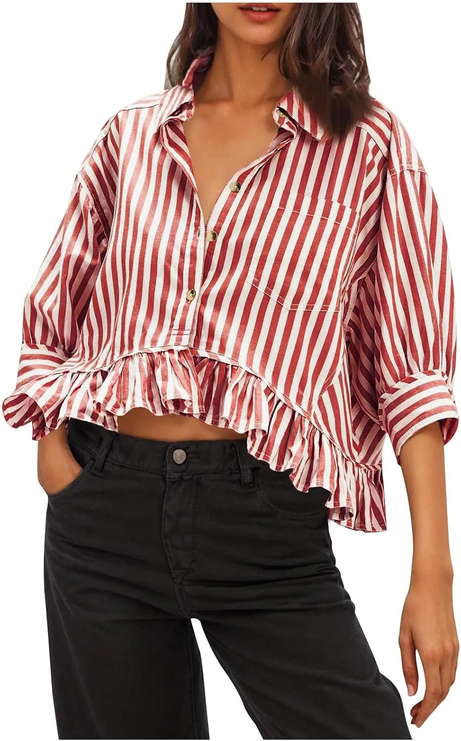 Womens Oversized Button Down 3/4 Sleeve Striped Crop Tops Summer Y2K Peplum Tops Shirts Dressy Blouse Tees
