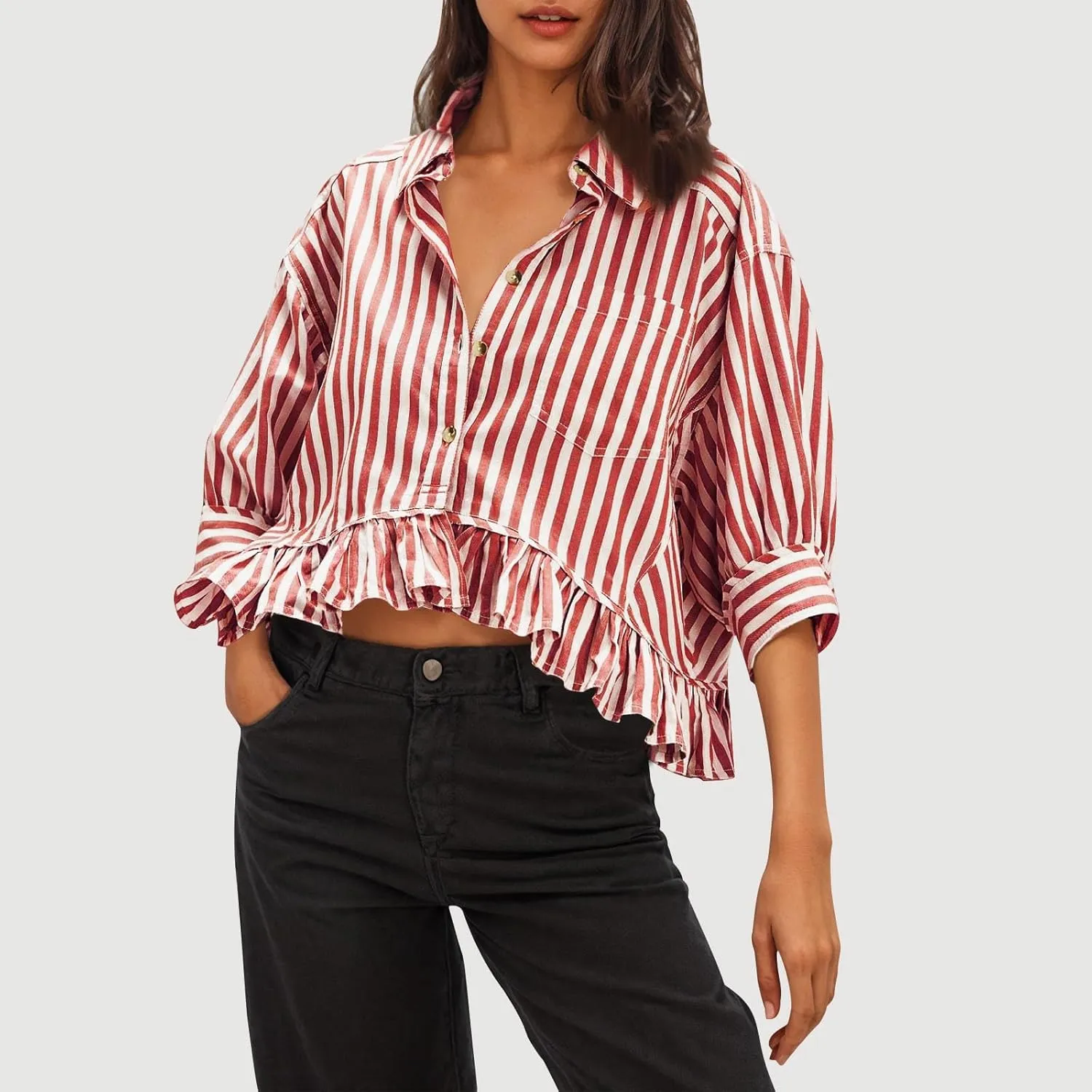 Womens Oversized Button Down 3/4 Sleeve Striped Crop Tops Summer Y2K Peplum Tops Shirts Dressy Blouse Tees