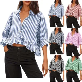 Womens Oversized Button Down 3/4 Sleeve Striped Crop Tops Summer Y2K Peplum Tops Shirts Dressy Blouse Tees