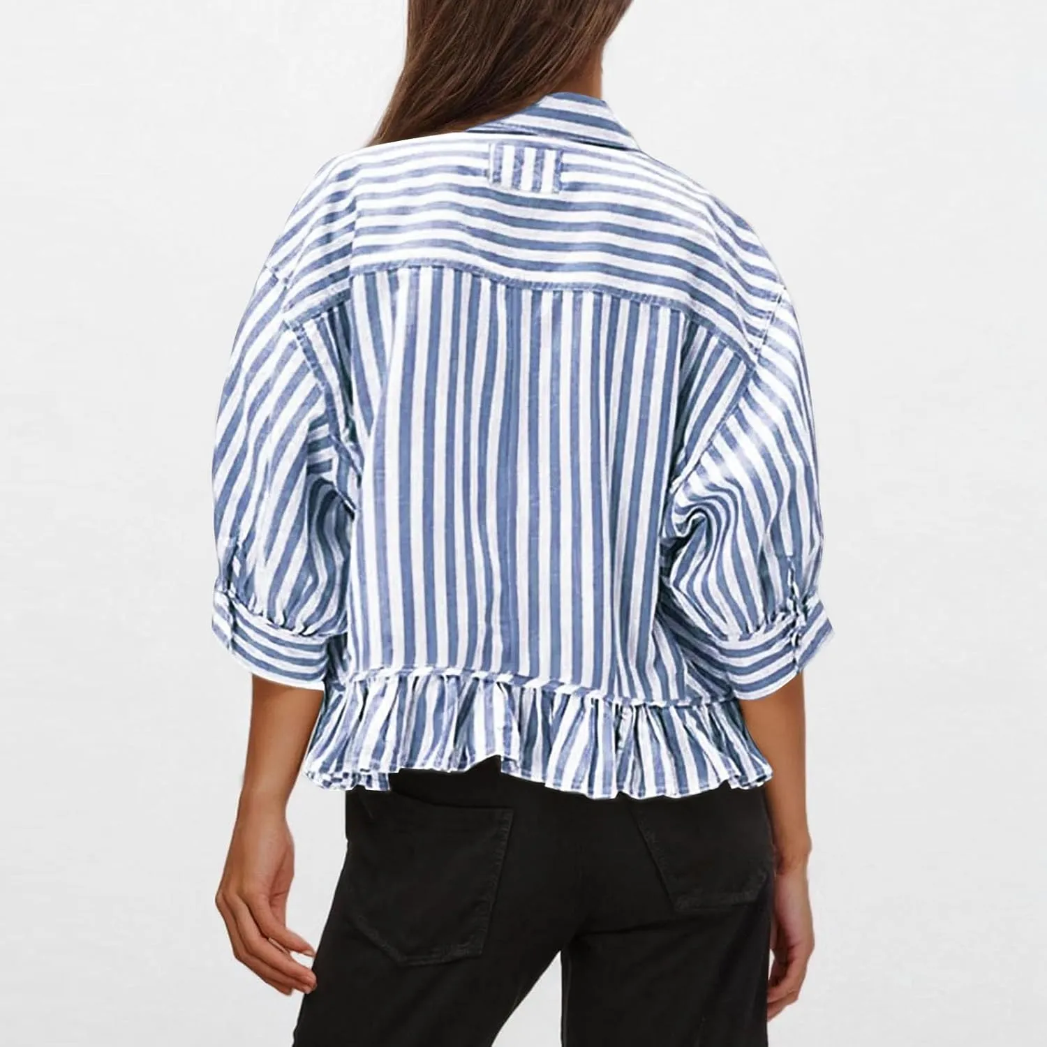 Womens Oversized Button Down 3/4 Sleeve Striped Crop Tops Summer Y2K Peplum Tops Shirts Dressy Blouse Tees