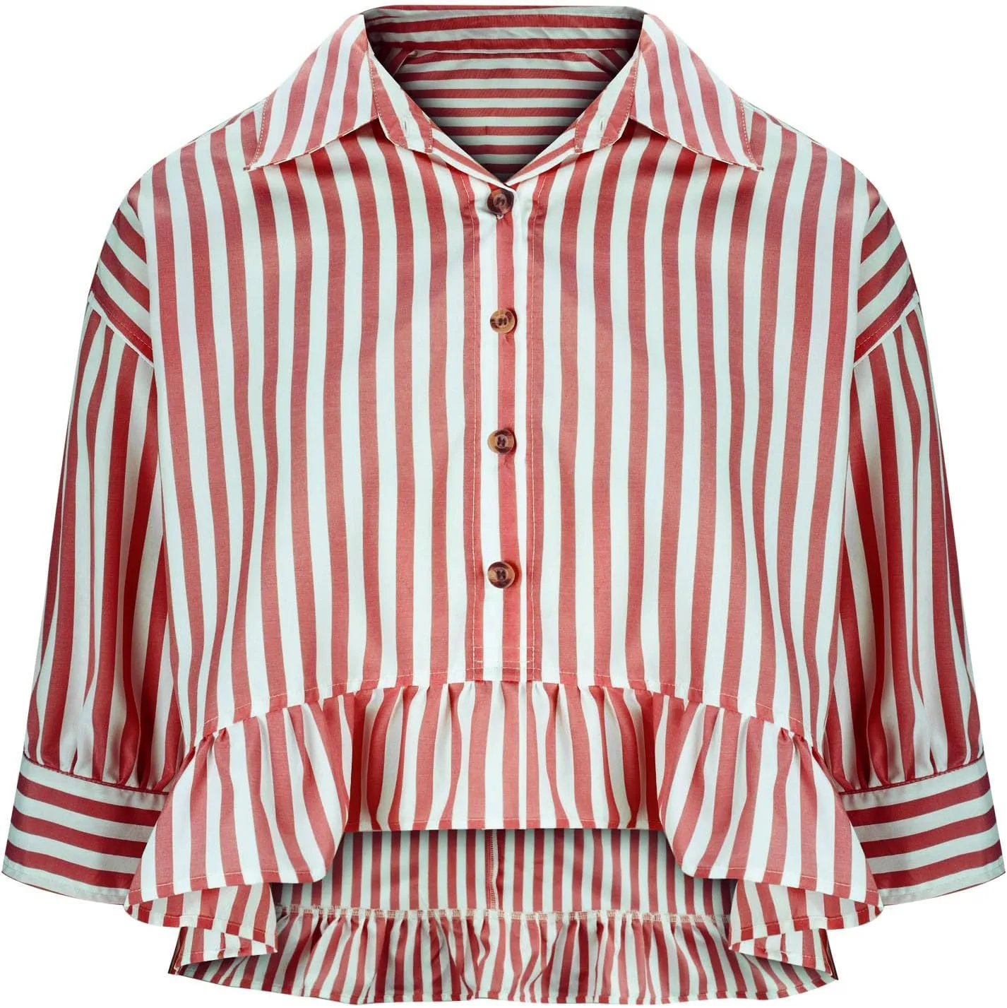Womens Oversized Button Down 3/4 Sleeve Striped Crop Tops Summer Y2K Peplum Tops Shirts Dressy Blouse Tees