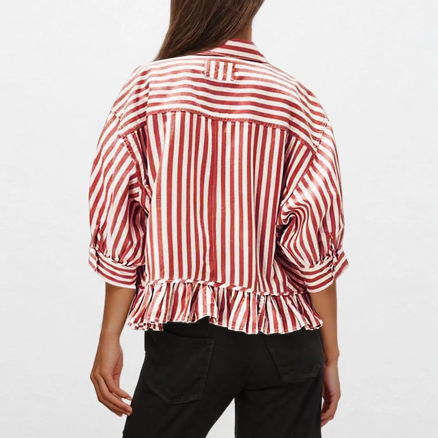 Womens Oversized Button Down 3/4 Sleeve Striped Crop Tops Summer Y2K Peplum Tops Shirts Dressy Blouse Tees