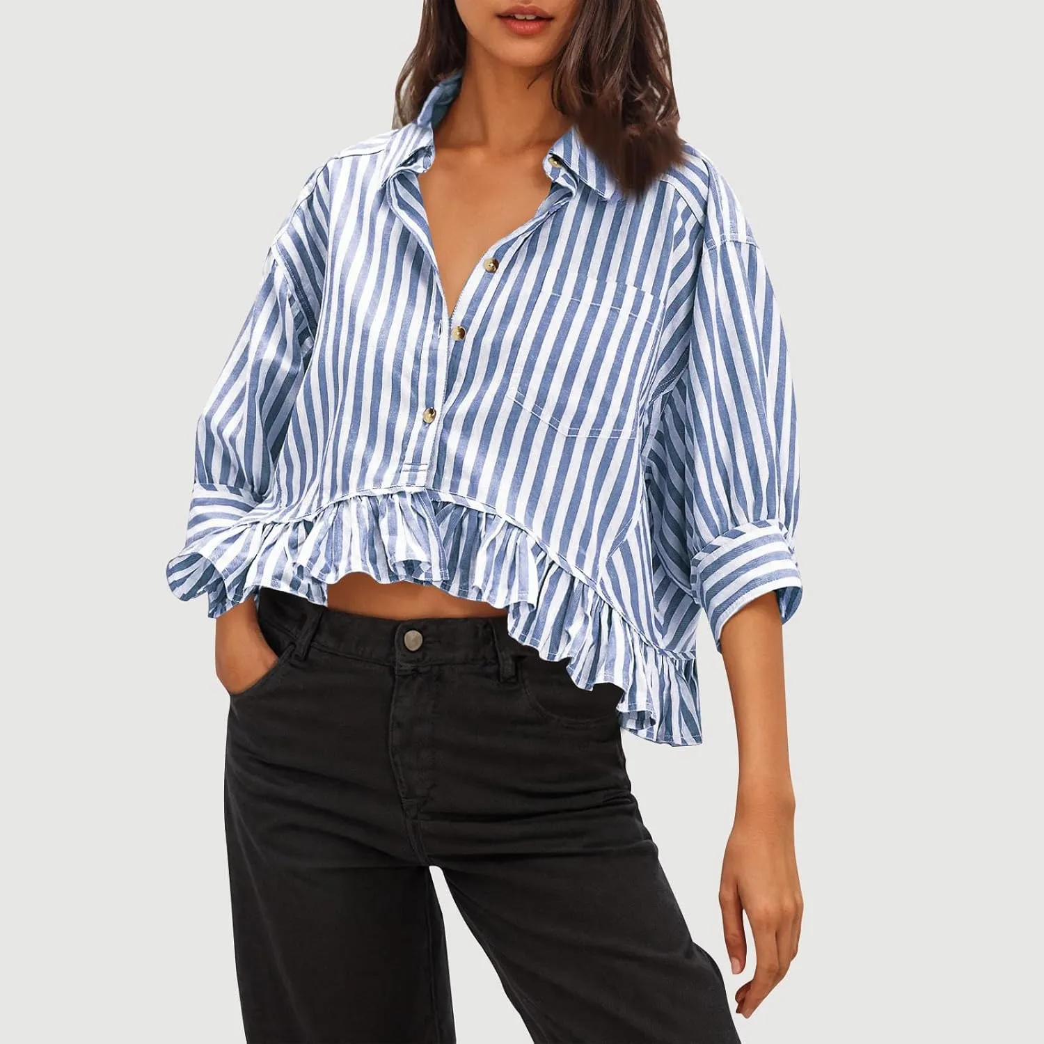 Womens Oversized Button Down 3/4 Sleeve Striped Crop Tops Summer Y2K Peplum Tops Shirts Dressy Blouse Tees