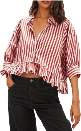 Womens Oversized Button Down 3/4 Sleeve Striped Crop Tops Summer Y2K Peplum Tops Shirts Dressy Blouse Tees