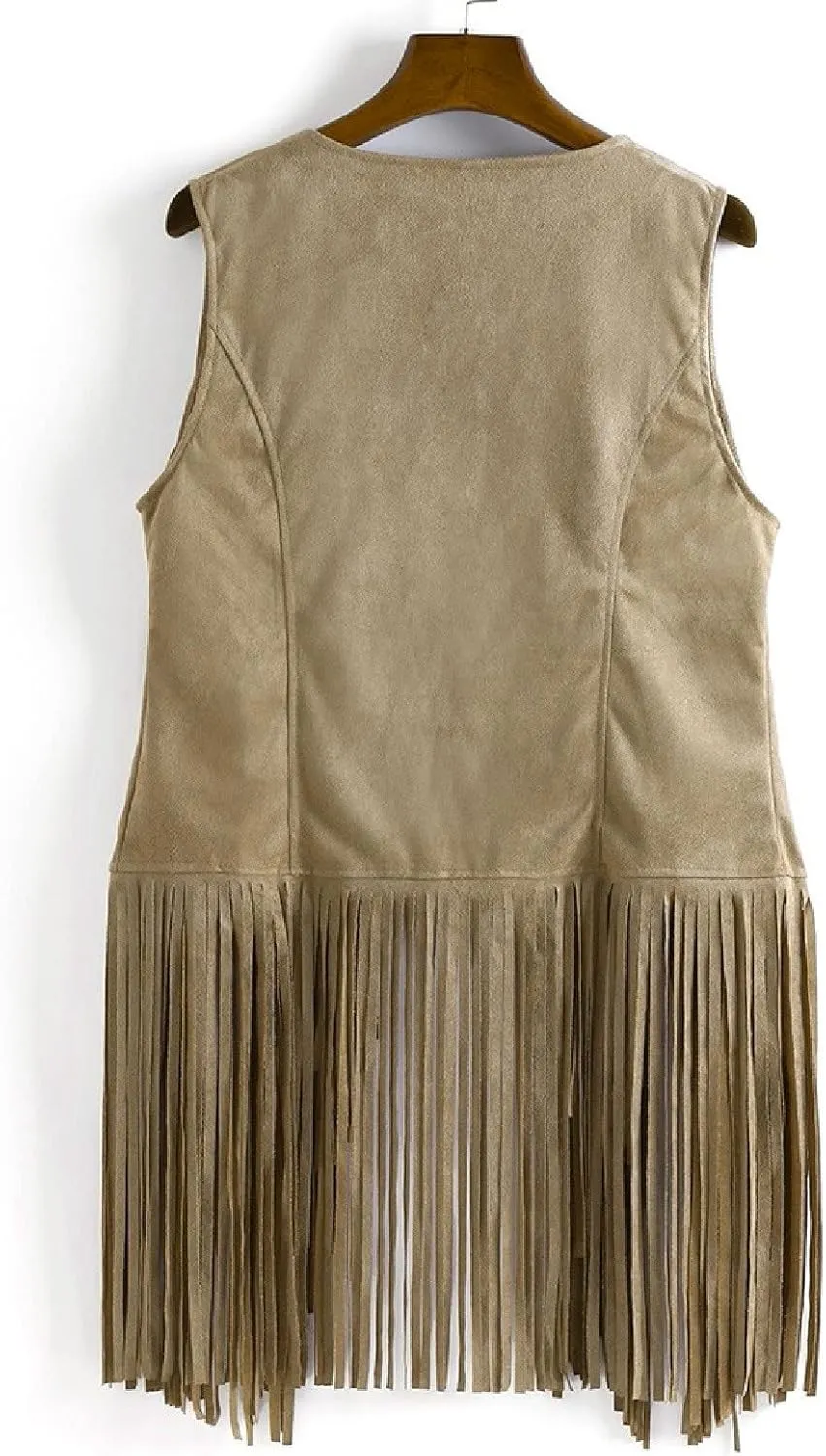 Womens Vintage Western Fringe Vest Tops Classic Suede Leather 70s Cowboy Shirt Sleeveless Tassel Cardigan Coat