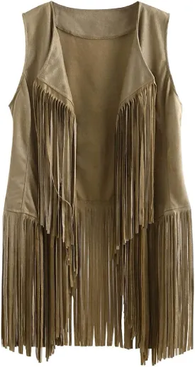Womens Vintage Western Fringe Vest Tops Classic Suede Leather 70s Cowboy Shirt Sleeveless Tassel Cardigan Coat