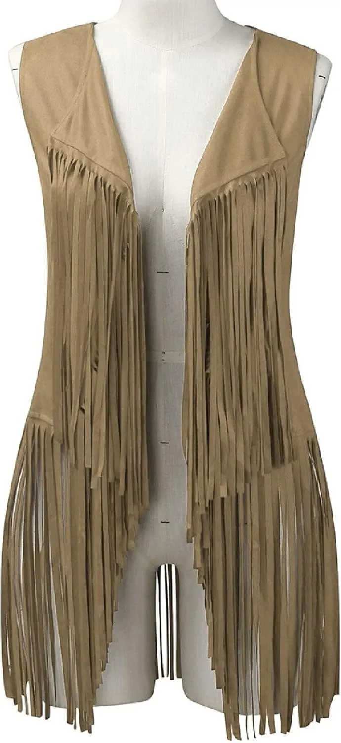 Womens Vintage Western Fringe Vest Tops Classic Suede Leather 70s Cowboy Shirt Sleeveless Tassel Cardigan Coat