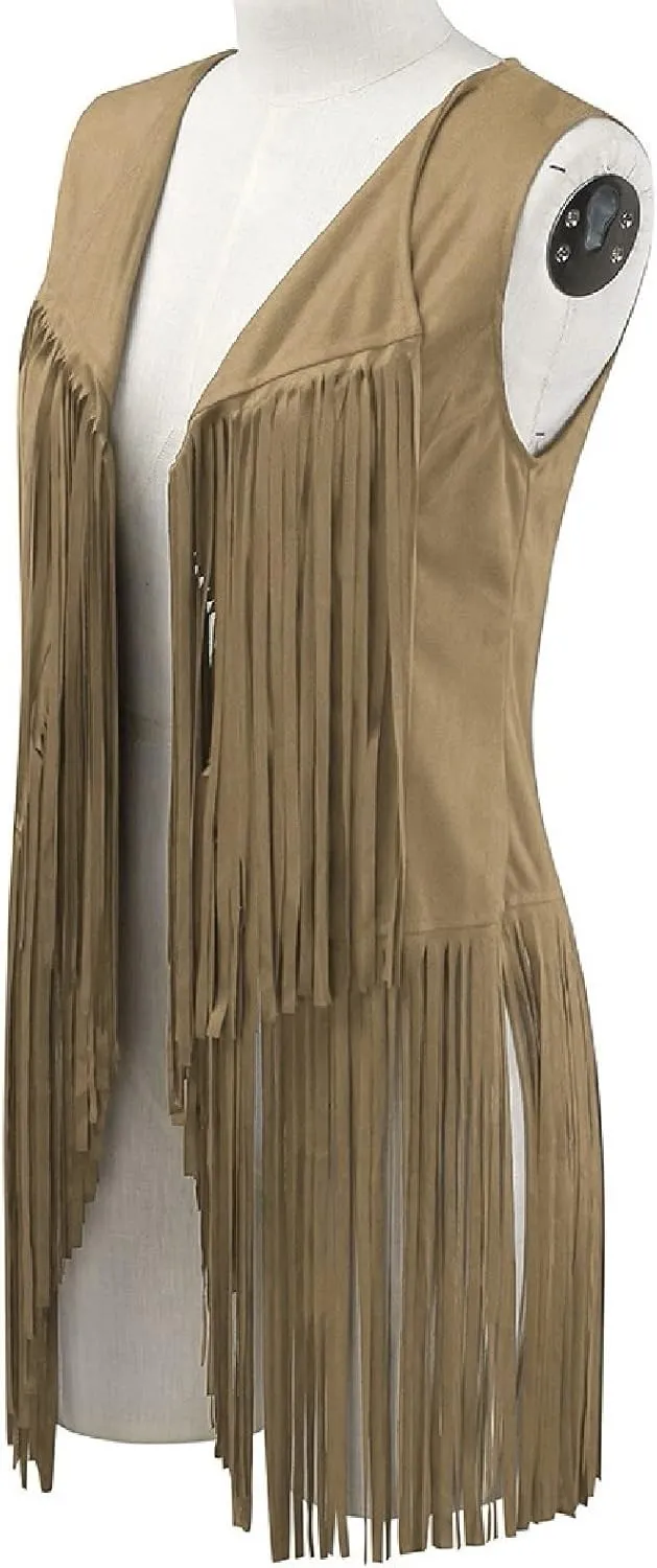Womens Vintage Western Fringe Vest Tops Classic Suede Leather 70s Cowboy Shirt Sleeveless Tassel Cardigan Coat