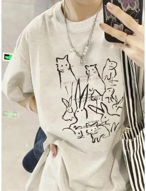 Y2K Cutecore Bunny Graphic Tee Tops Egirl Preppy Oversized T Shirts Teens Harajuku Clothes Summer Coquette Streetwear