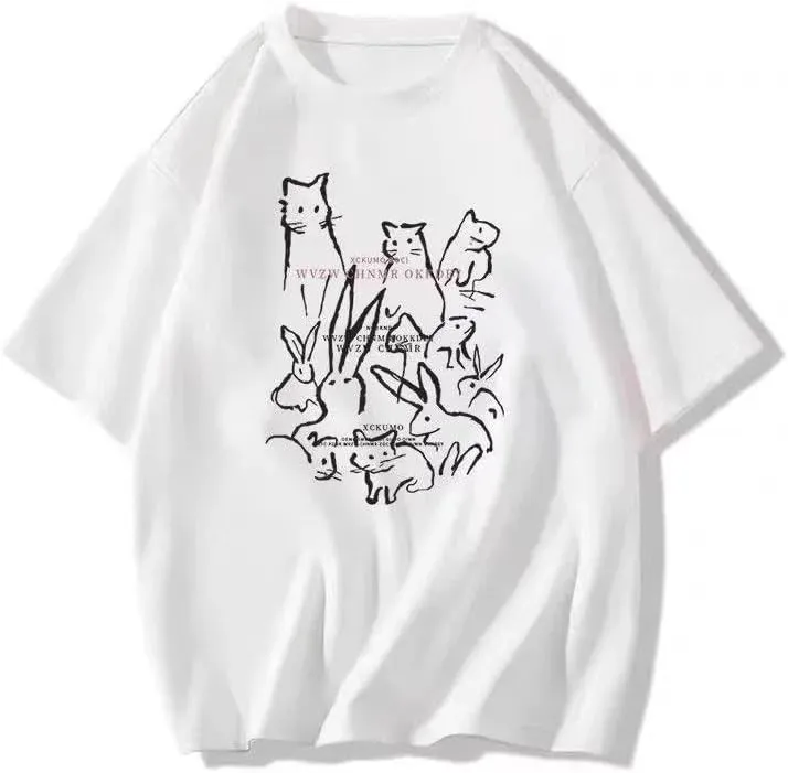 Y2K Cutecore Bunny Graphic Tee Tops Egirl Preppy Oversized T Shirts Teens Harajuku Clothes Summer Coquette Streetwear
