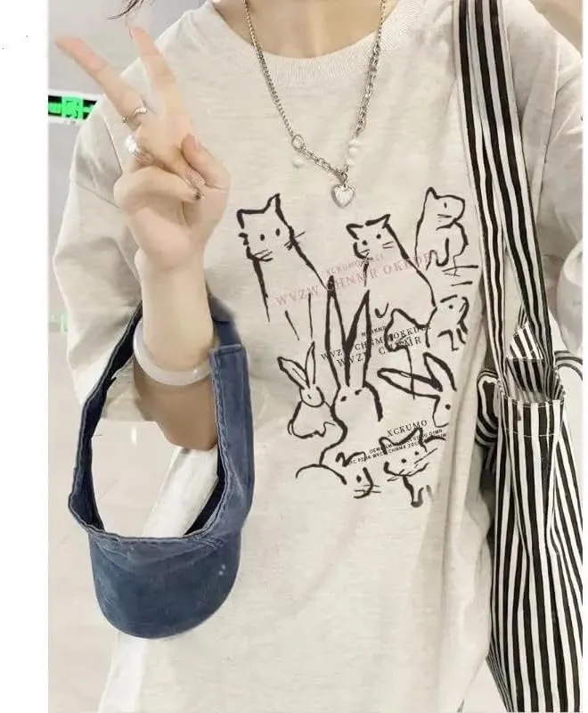 Y2K Cutecore Bunny Graphic Tee Tops Egirl Preppy Oversized T Shirts Teens Harajuku Clothes Summer Coquette Streetwear