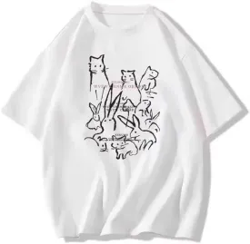 Y2K Cutecore Bunny Graphic Tee Tops Egirl Preppy Oversized T Shirts Teens Harajuku Clothes Summer Coquette Streetwear