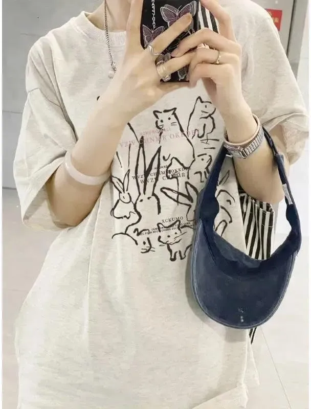 Y2K Cutecore Bunny Graphic Tee Tops Egirl Preppy Oversized T Shirts Teens Harajuku Clothes Summer Coquette Streetwear