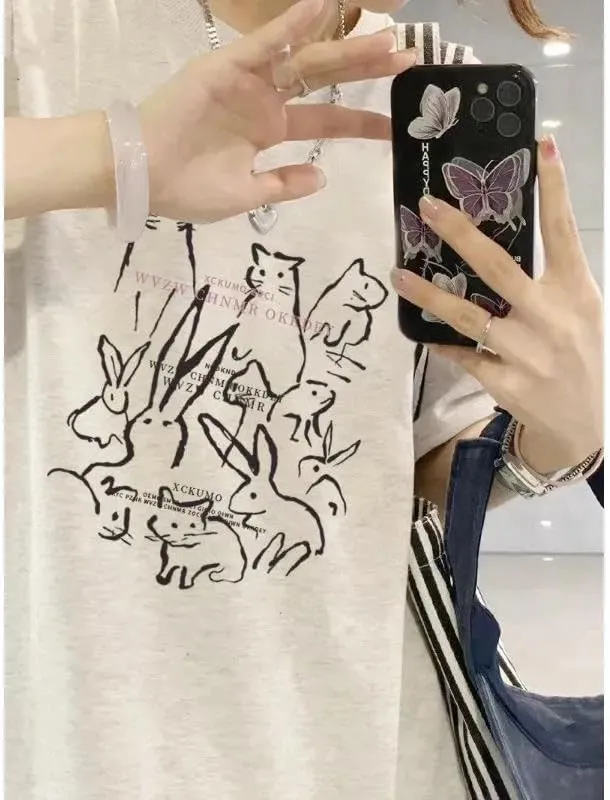 Y2K Cutecore Bunny Graphic Tee Tops Egirl Preppy Oversized T Shirts Teens Harajuku Clothes Summer Coquette Streetwear