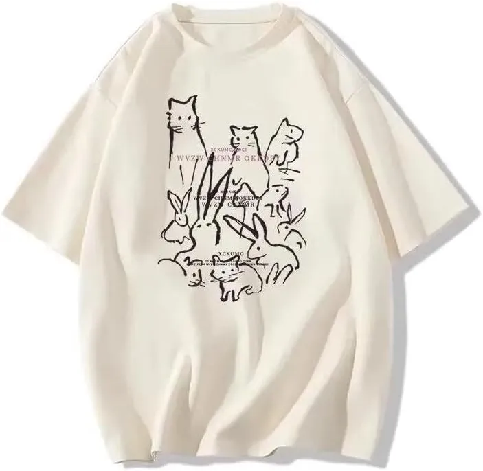 Y2K Cutecore Bunny Graphic Tee Tops Egirl Preppy Oversized T Shirts Teens Harajuku Clothes Summer Coquette Streetwear