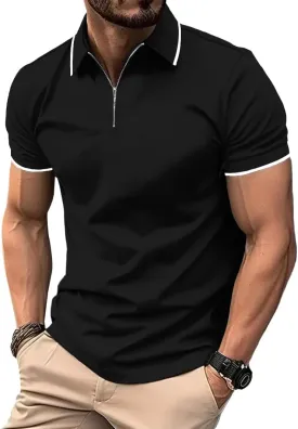 ZITY Mens Quarter Zip Polo Shirts Casual Classic Short Sleeve Contrast Collar Polo T Shirts Black XL