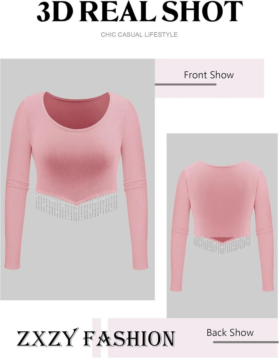 ZXZY Women Soft Ribbed Sparkly Rhinestone Fringe Long Sleeve Crop Top Cropped T Shirts