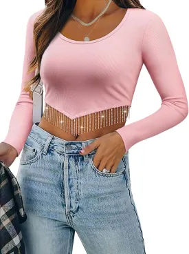 ZXZY Women Soft Ribbed Sparkly Rhinestone Fringe Long Sleeve Crop Top Cropped T Shirts